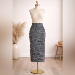 Venus Stretch Knit Midi Pencil Skirt Gray Button Detail Size S